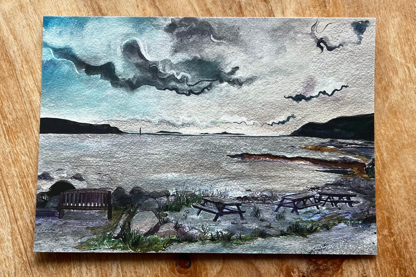 Lochbuie benches outside of the old Postoffice landscape art postcard by Melissa Humber