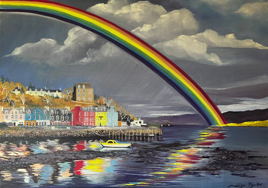 Painting of a rainbow over Tobermory a colourful harbour on the Isle of Mull by landscape artist Melissa Humber