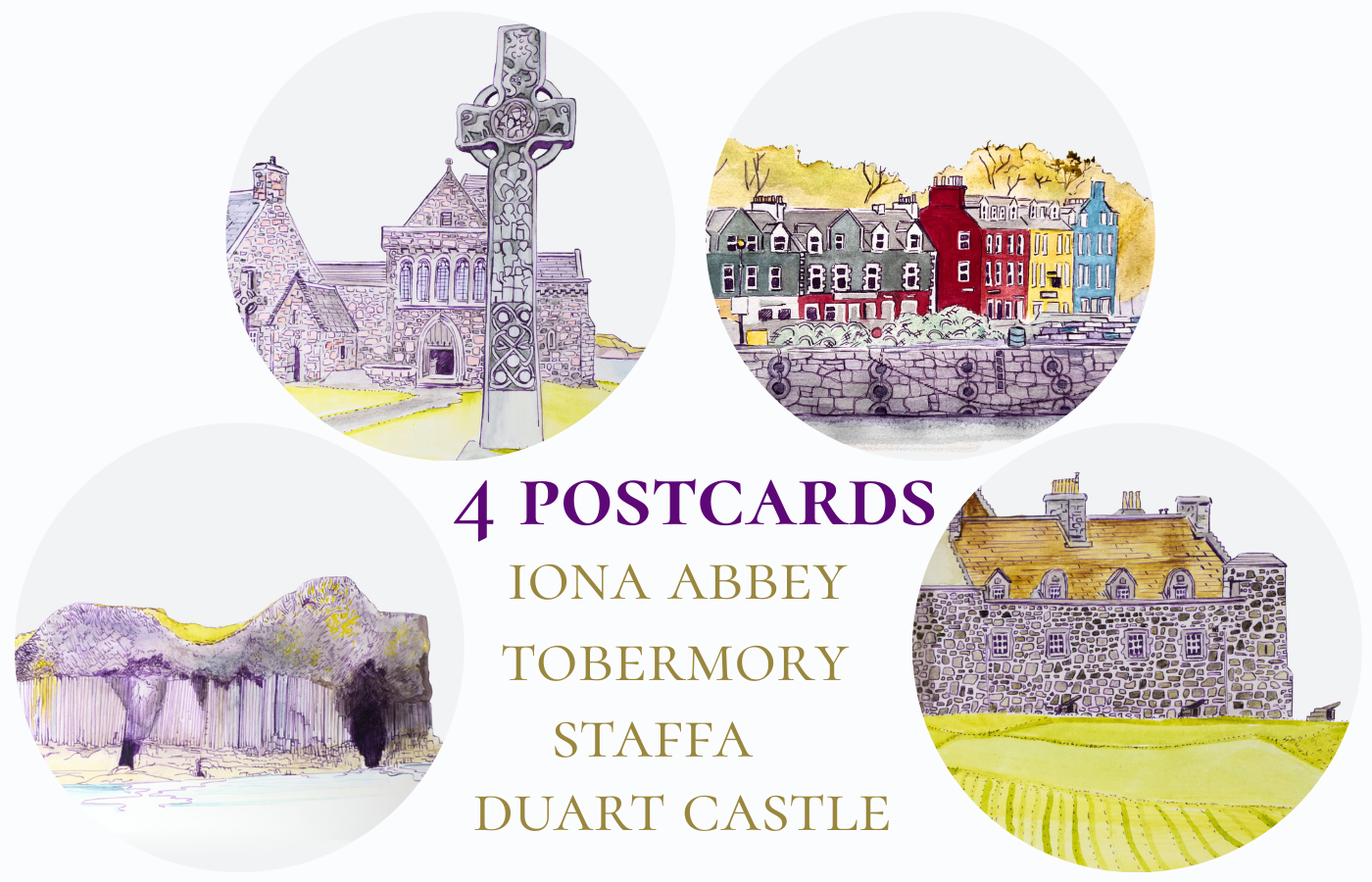 Set of 4 Postcards: Watercolour studies of Iona abbey, Staffa, Tobermory & Duart castle S/S 2026