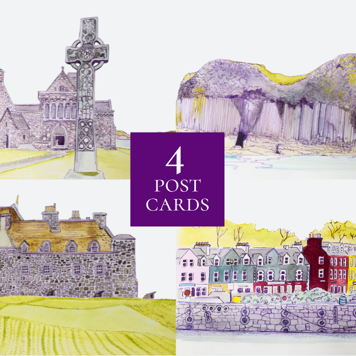Set of 4 Postcards: Watercolour studies of Iona abbey, Staffa, Tobermory & Duart castle S/S 2026