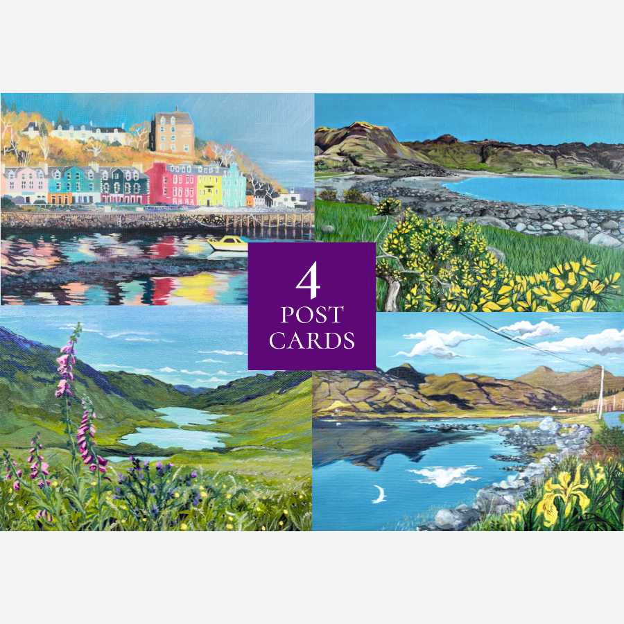 Set of 4 Postcards: Highlights of Mull Tobermory, Lochbuie, The three lochs & Ben More S/S 2026