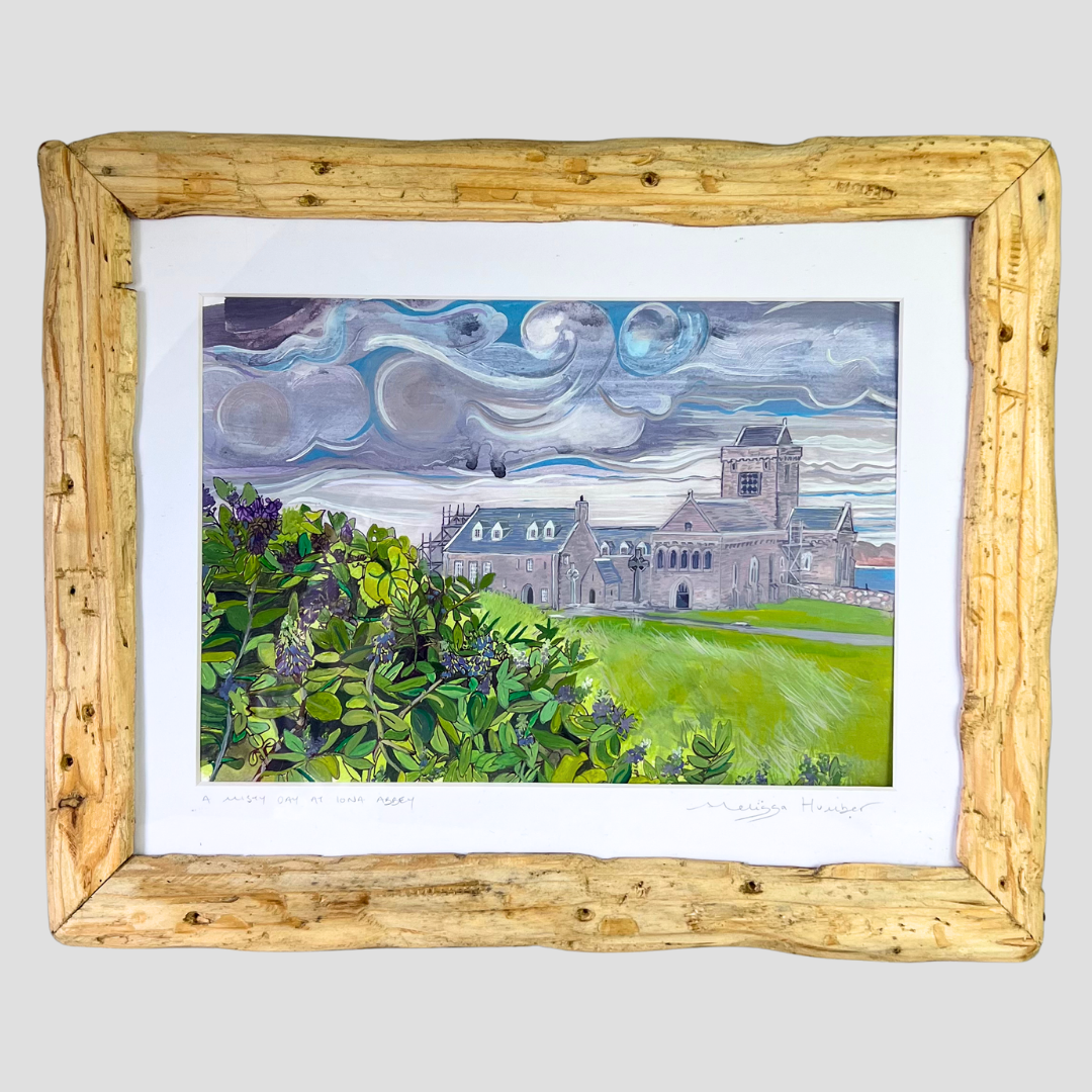 Framed original painting of Iona abbey on a misty day by local landscape painter Melissa Humber 