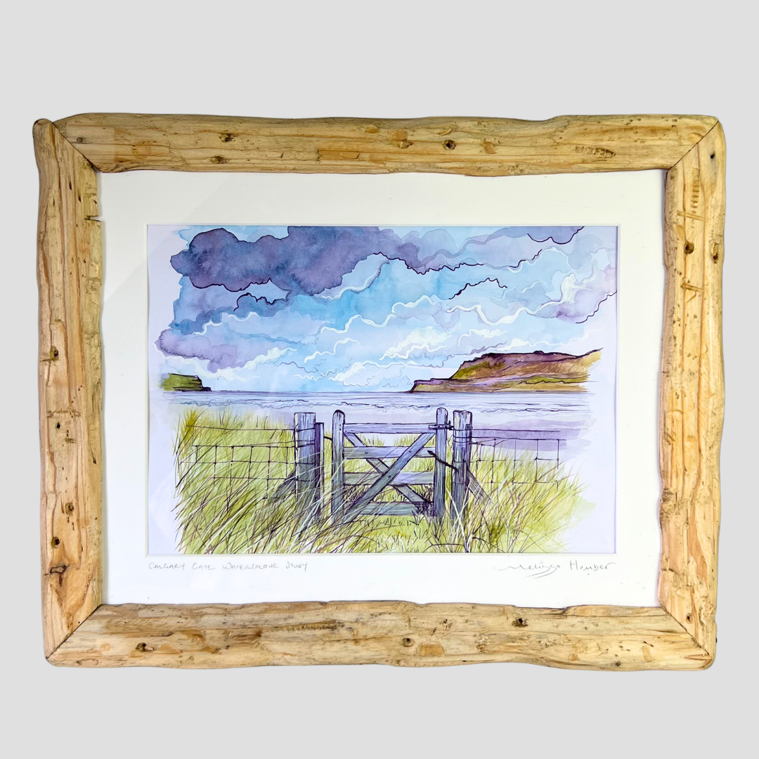 A framed original painting of Calgary bay on the Isle of Mull - watercolour art by Melissa Humber 