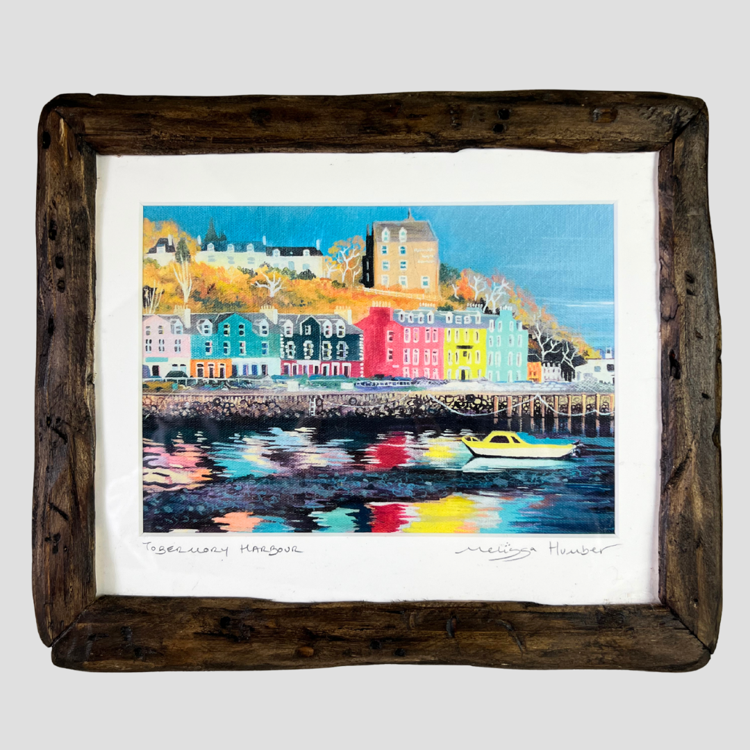 Framed art print called Tobermory reflection, it depicts the popular harbour town on the Isle of Mull