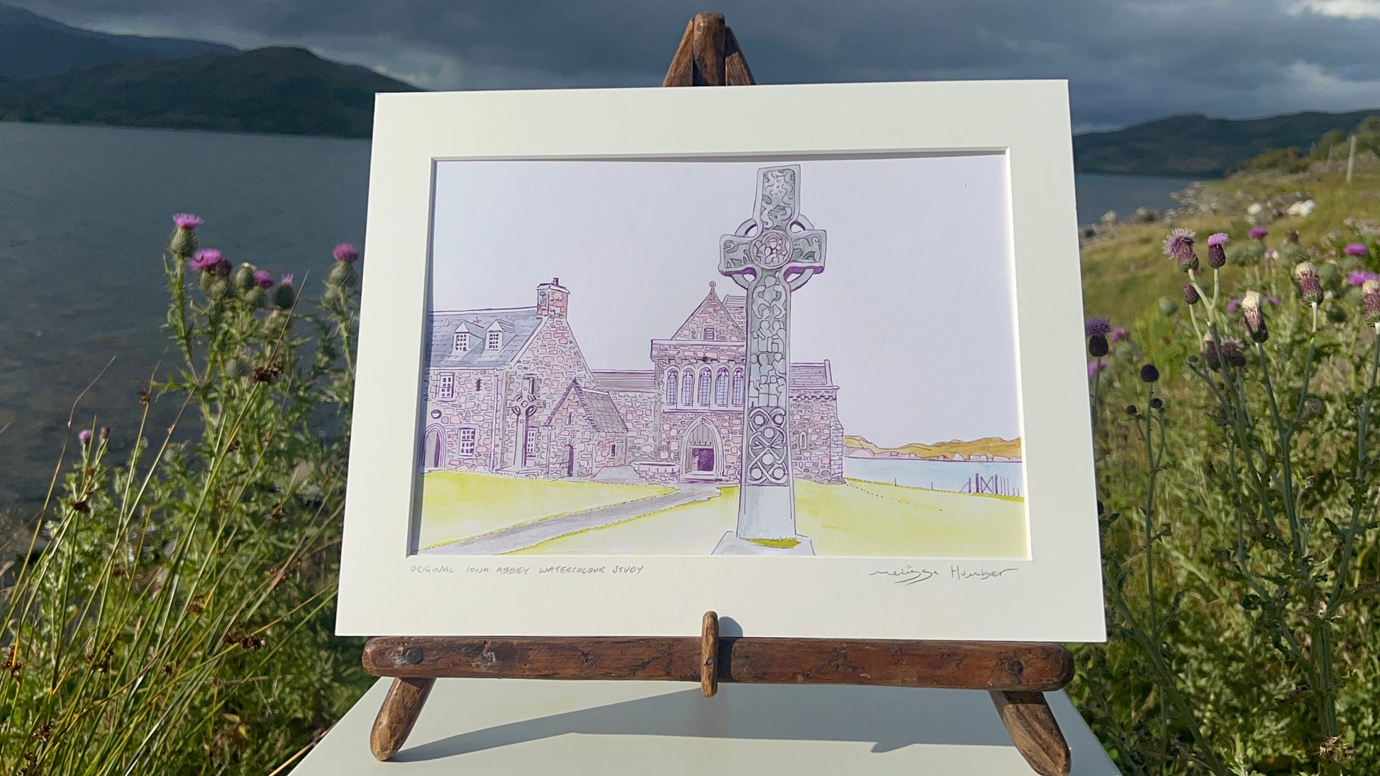Celtic cross and Iona abbey watercolour painting by Melissa Hummber Scottish island art