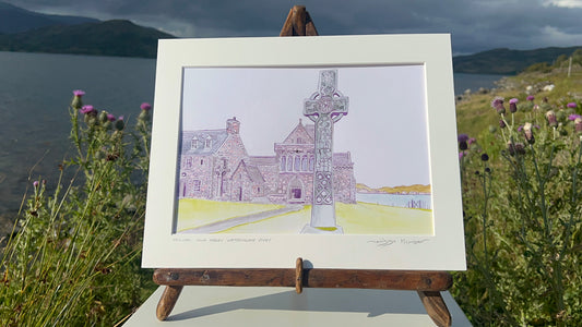 Celtic cross and Iona abbey watercolour painting by Melissa Hummber Scottish island art