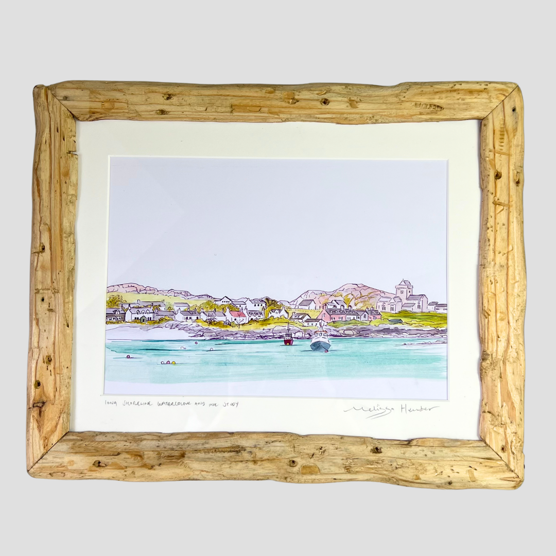 A framed watercolour painting depicting the sacred Isle of Iona by local artist Melissa Humber