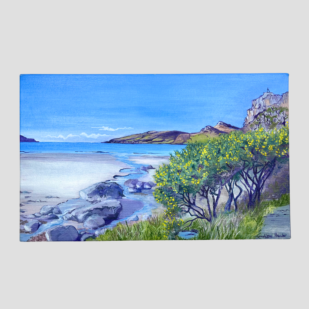 Laggan sands in spring, 2025 painting of beach and gorse in Lochbuie on the Isle of Mull by Melissa Humber