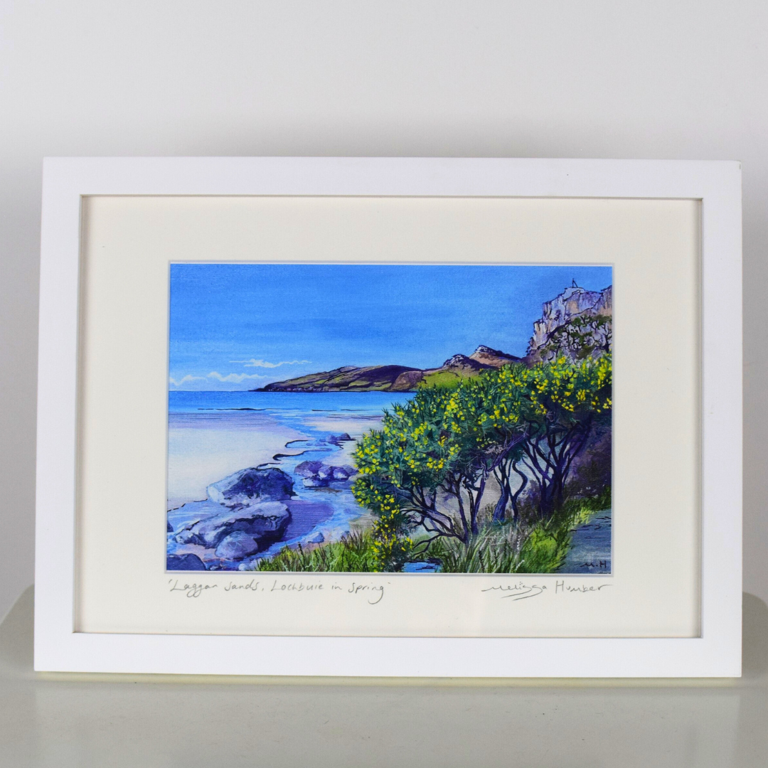 Laggan sands Isle of Mull beach art print by Melissa Humber in white frame