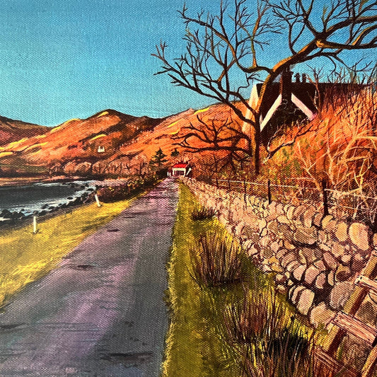 Lochbuie sunset Isle of Mull art print by local artist Melissa Humber featuring the Old Postoffice cafe 