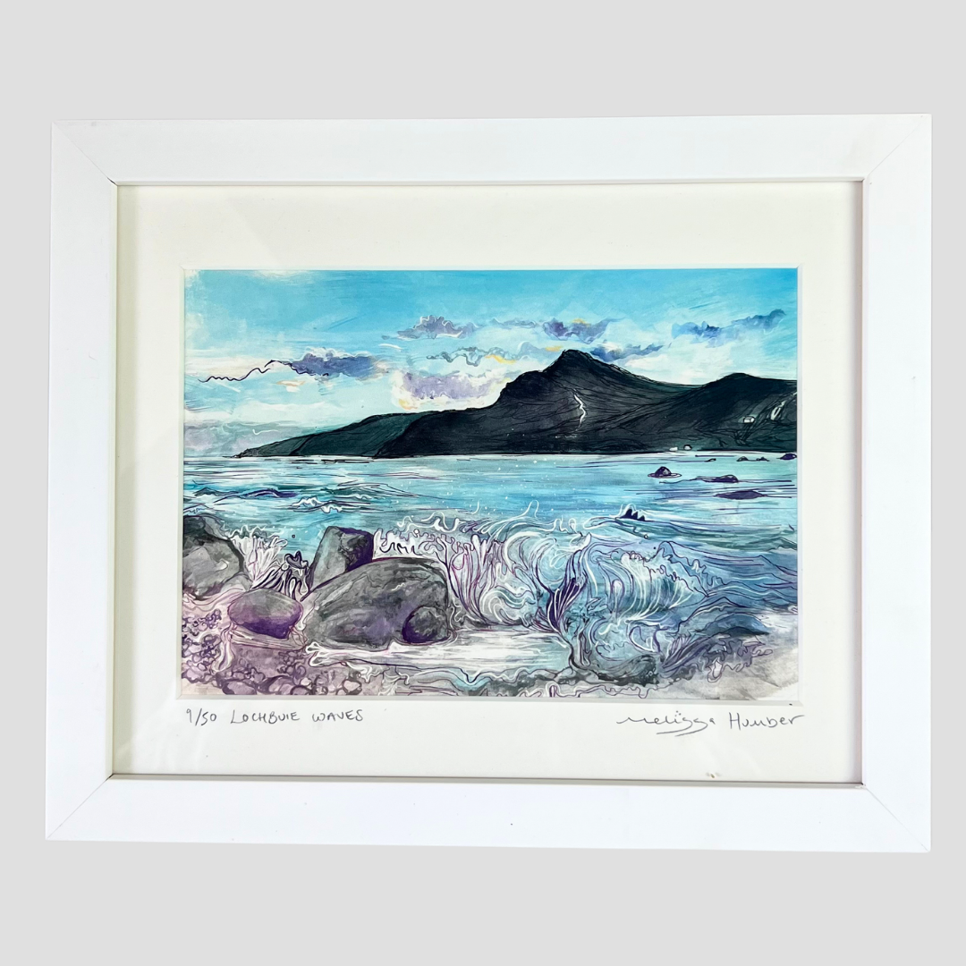 Framed art print of Lochbuie waves a sea loch on the Isle of Mull by Melissa Humber