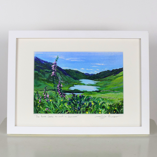 The 3 loch viewpoint Isle of Mull art print by Melissa Humber in white frame
