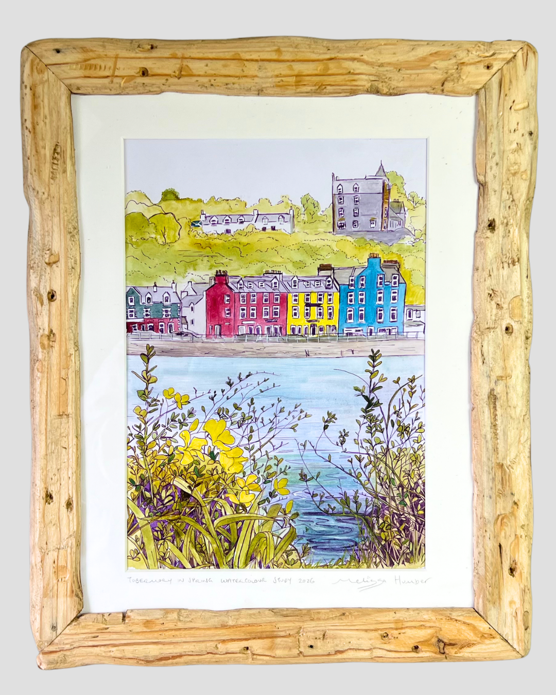 Framed watercolour painting featuring Tobermory on the Isle of Mull by local artist Melissa Humber