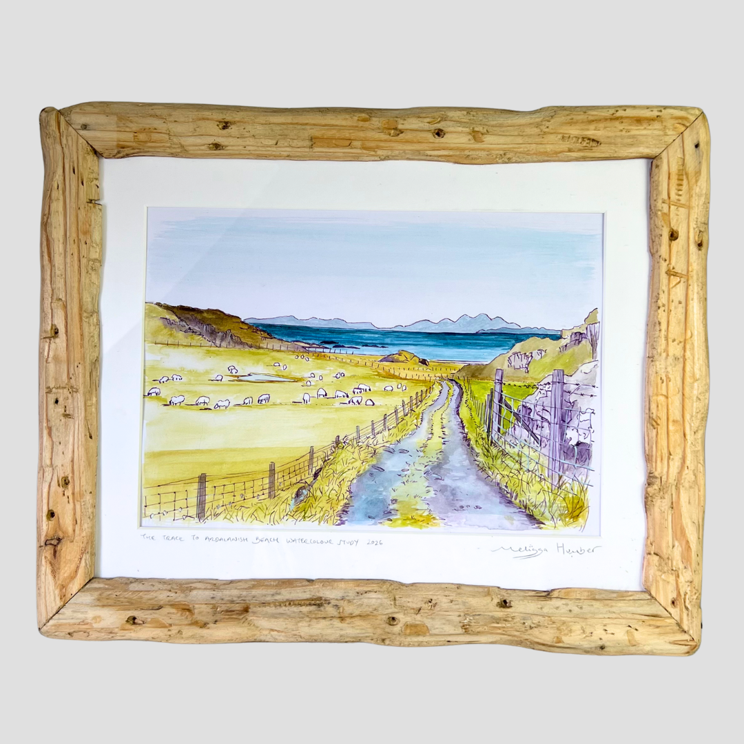 Ardalanish beach on the Isle of Mull framed watercolour painting by Melissa Humber