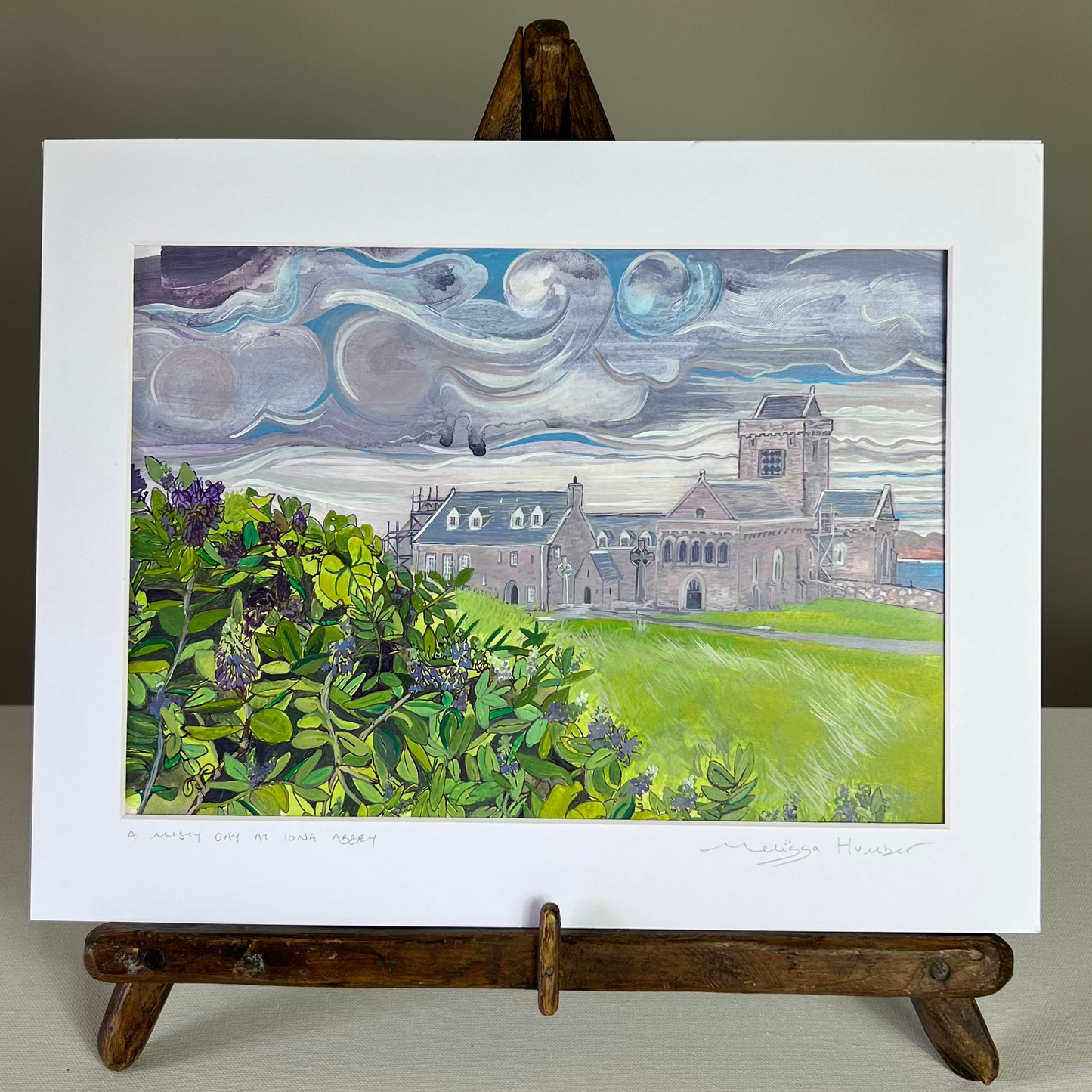 original painting of Iona abbey on a misty day by local landscape painter Melissa Humber 